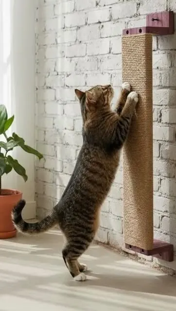 Gato en un rascador de madera